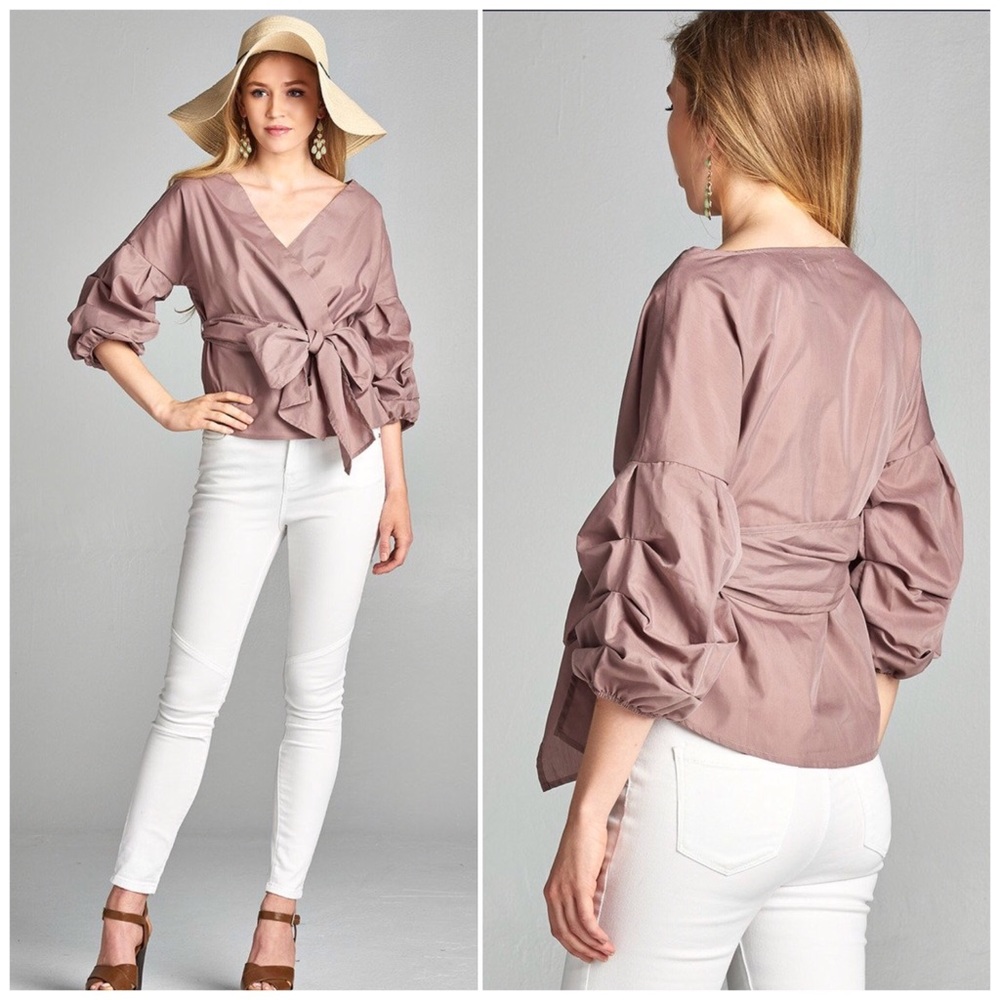 ❗️CLOSING SALE❗️ Mauve V Neck Waist Tie Top - Picture 2 of 3